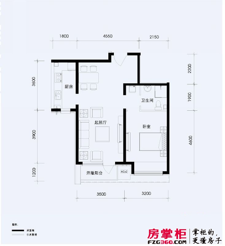 北京苏活户型图b户型 1室2厅1卫1厨