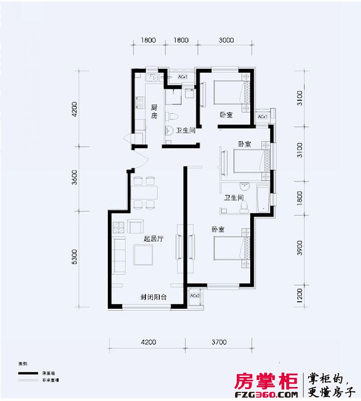 北京苏活户型图e户型 3室2厅2卫1厨