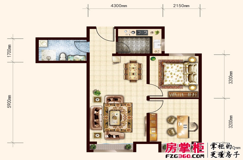 汇福悦榕湾1-d户型2室2厅1卫1厨 74.37㎡