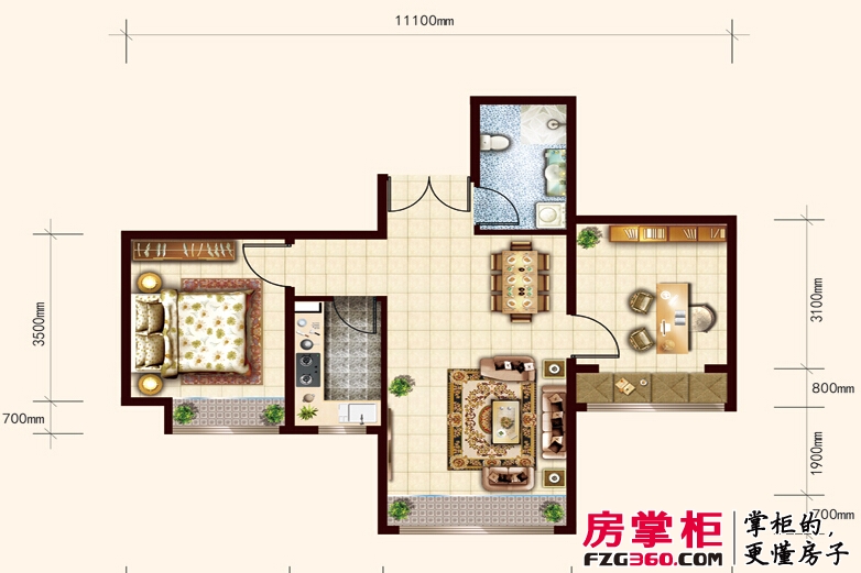 汇福悦榕湾1-c户型2室2厅1卫1厨 71.64㎡