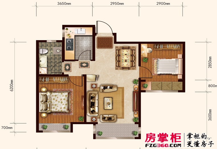 汇福悦榕湾2-b户型2室2厅1卫1厨 75.98㎡