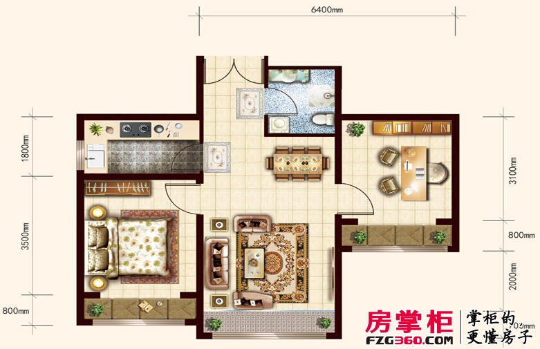 汇福悦榕湾2-c户型2室2厅1卫1厨 72.44㎡