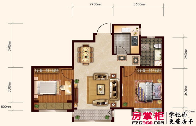 汇福悦榕湾2-e户型2室2厅1卫1厨 74.00㎡
