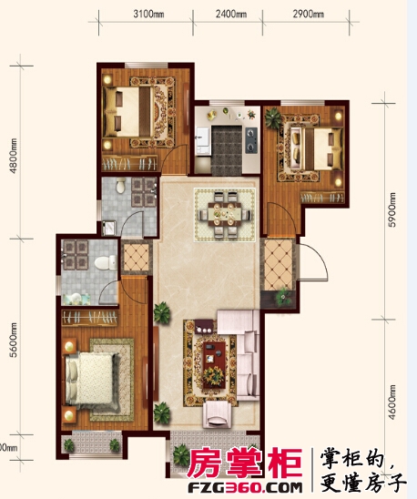 汇福悦榕湾1-a户型3室2厅2卫1厨 106.00㎡